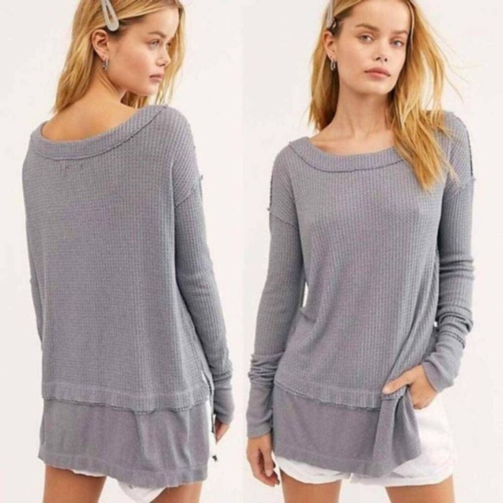 We The Free People FP North Shore Thermal Top Storm Gray Tunic Small Minimalist